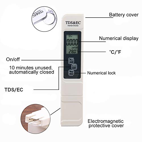 Litthing Wasserqualitätstest Meter TDS EC Temperatur 3 in 1 Wasser Tester mit LCD Display für Hydrokultur, Aquarien, Trinkwasser, Fischteich und Schwimmbad - 4