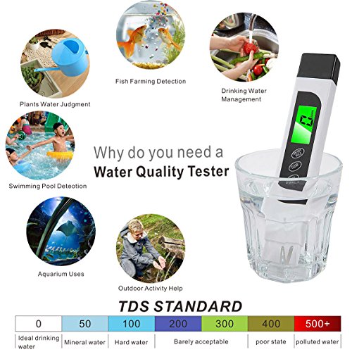 Wasserqualitätsmesser, professionelles TDS-Messgerät, digitales Wassertester mit LED-Display, Handheld 0-9990 ppm TDS Messung, Wassertester ideal für Trinkwasser, Aquarien und mehr (weiß) - 6