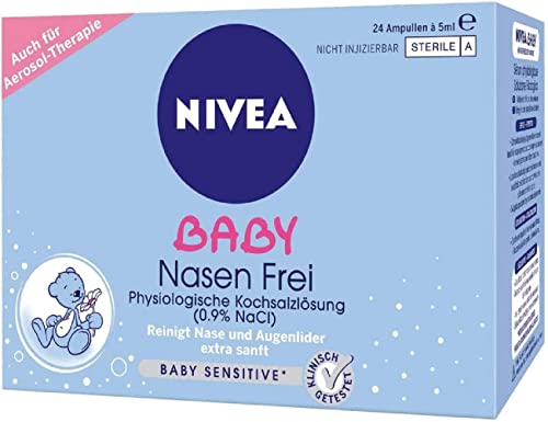 NIVEA BABY Nasen frei (24 Ampullen à 5 ml), Nasenpflege mit Kochsalzlösung reinigt Nase und Augenlider, befeuchtet die Nase und erleichtert das Atmen