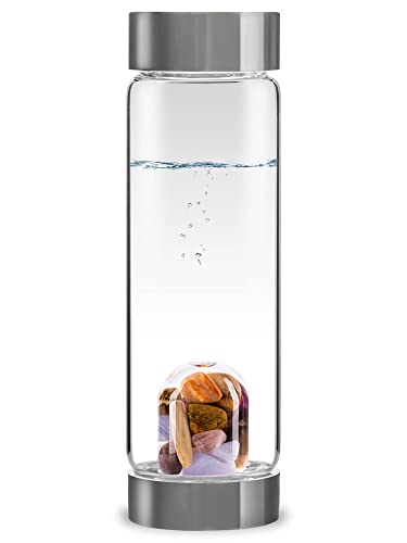 VitaJuwel ViA 5 ELEMENTS - Wasserflasche mit Amethyst, Chalcedon, Versteinertes Holz, Rosenquarz & Ozeanachat