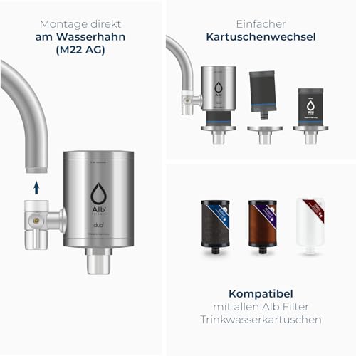 Alb Filter® Duo Active Trinkwasserfilter | Armatur Anschluss | Filtert Schadstoffe, Chlor, Blei, Pestizide, Mikroplastik | Set mit Gehäuse und Kartusche | Made in Germany Edelstahl Natur - 6