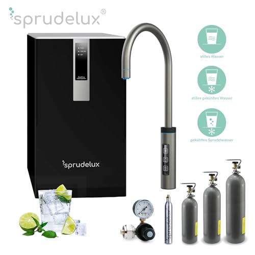 SPRUDELUX® Untertisch-Tafelwasseranlage Black & White Diamond Edition + 3 Wege Wasserhahn | Profi-Wassersprudler | Spritziges Mineralwasser | (3-Wege-Touch C-Auslauf Space Grey, Mit 6 Kg CO2 Flasche) - 2