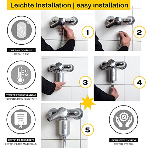 riva Filter | Duschfilter-Set STANDARD | WASSERFILTER – schützt Haut und Haare vor Chlor und Schadstoffen | Reduziert Kalk-Belag | Einfache Montage | Silber - 6